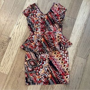 Jessica Geometric Sunrise Peplum Cap Sleeve Vneck Retro Mini Dress L